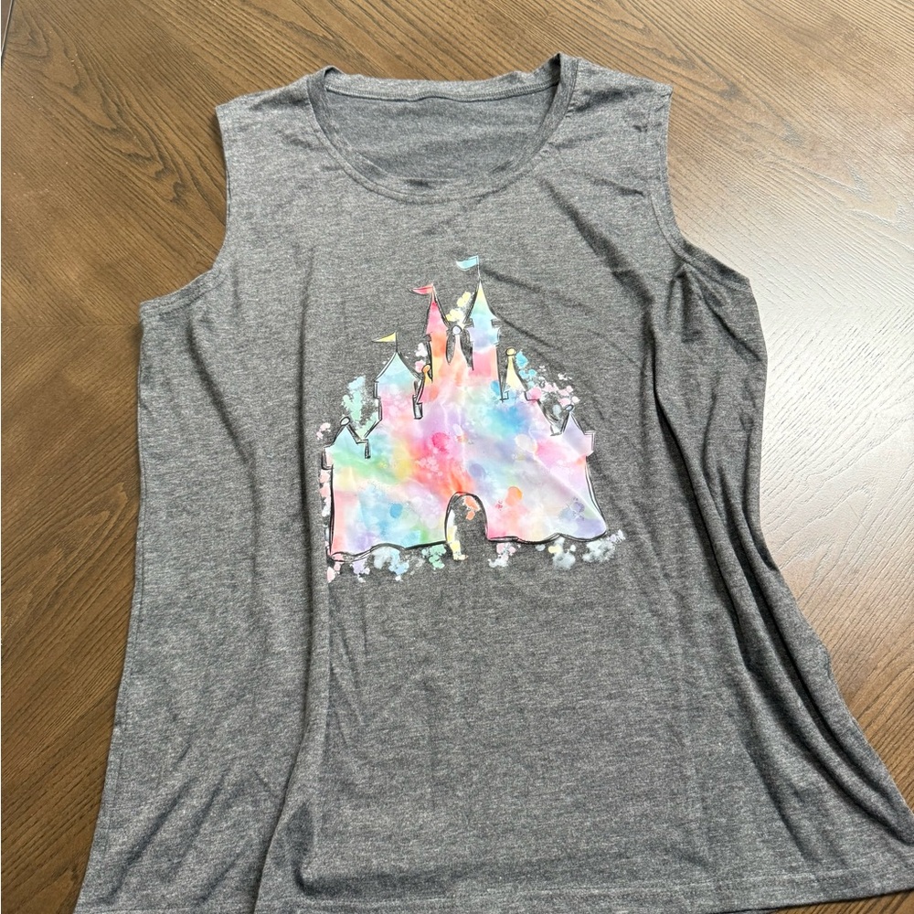 Gray Sleeveless Top with Colorful Castle Design,